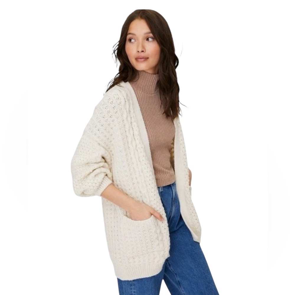 Aritzia Wilfred Free Cable Knit Cardigan M Cream Open Front Longer Length Alpaca